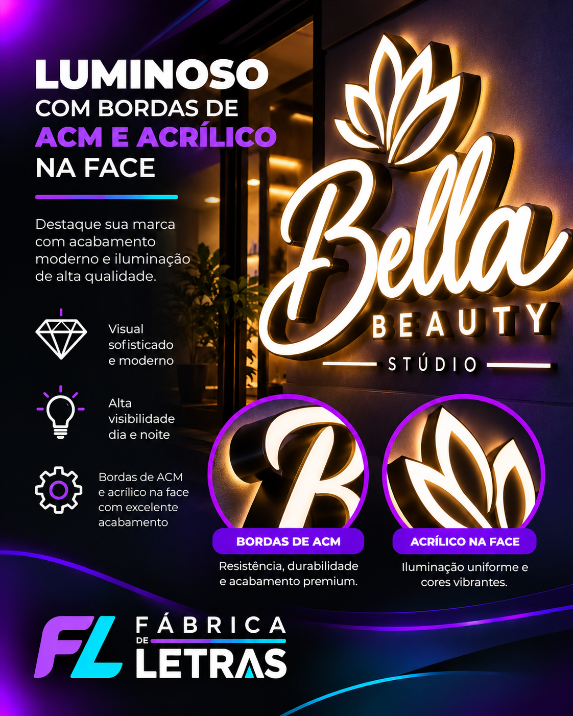 Exemplo visual de letra caixa luminosa com bordas de ACM e face em acrílico